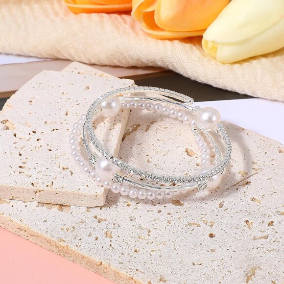 Three-Layer Pearl and Rhinestone Bracelet - Exquisite Silver Stackable Elegance - Picture 4 of 7